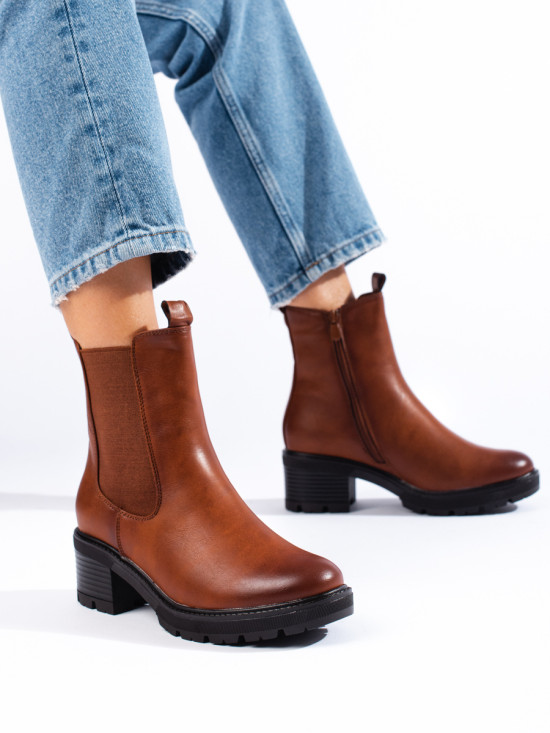 Brown chelsea boots with a low heel