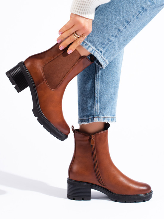 Brown chelsea boots with a low heel
