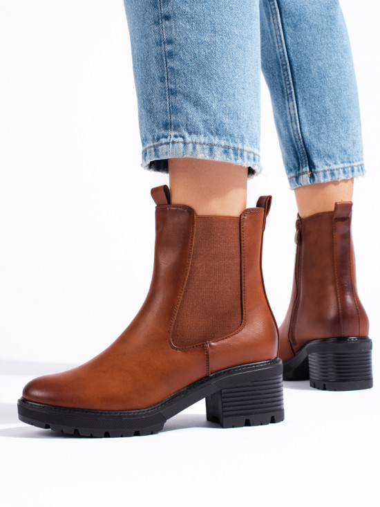 Brown chelsea boots with a low heel