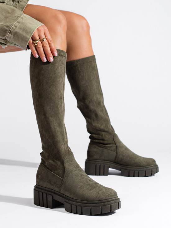 High suede boots with a thick sole khaki