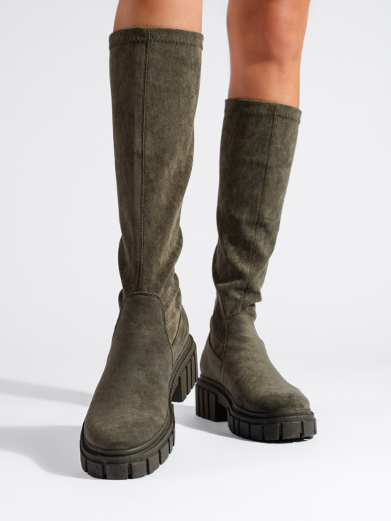 High suede boots with a thick sole khaki