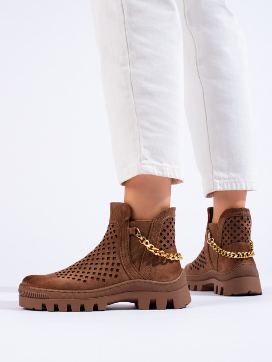 Brown low suede boots with chain