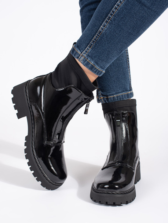 Lacquered Black Ankle Boots with Zipper