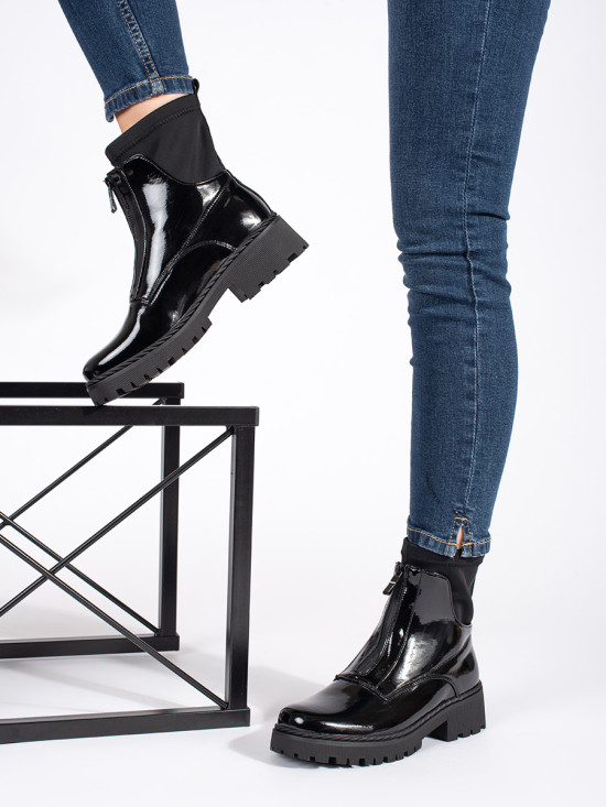Lacquered Black Ankle Boots with Zipper