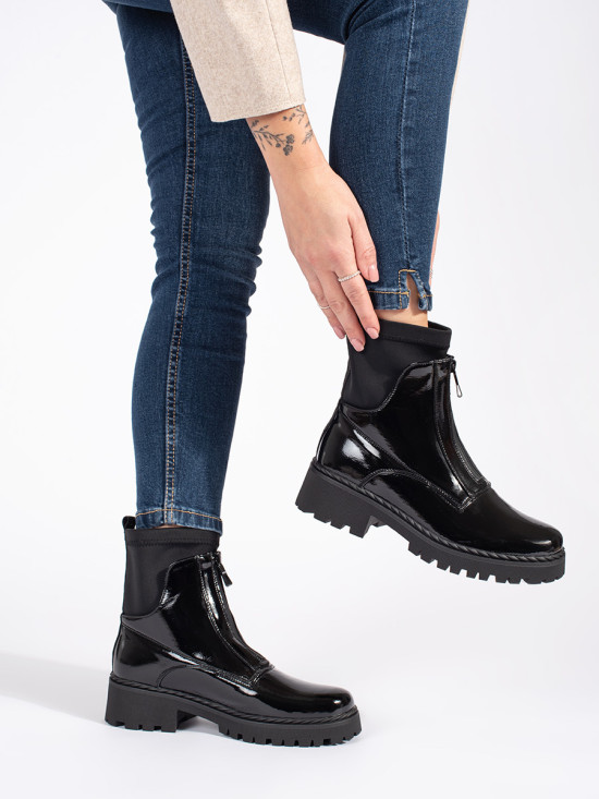 Lacquered Black Ankle Boots with Zipper