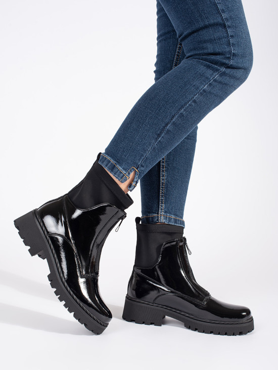 Lacquered Black Ankle Boots with Zipper