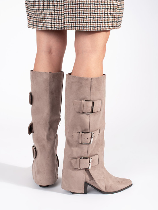 Beige Suede Knee-High Block Heel Boots with Buckles