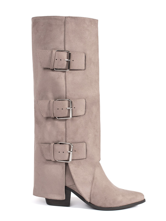 Beige Suede Knee-High Block Heel Boots with Buckles
