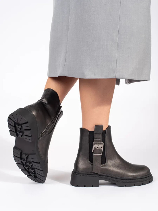 Dark Brown Metallic Ankle Boots with Buckle