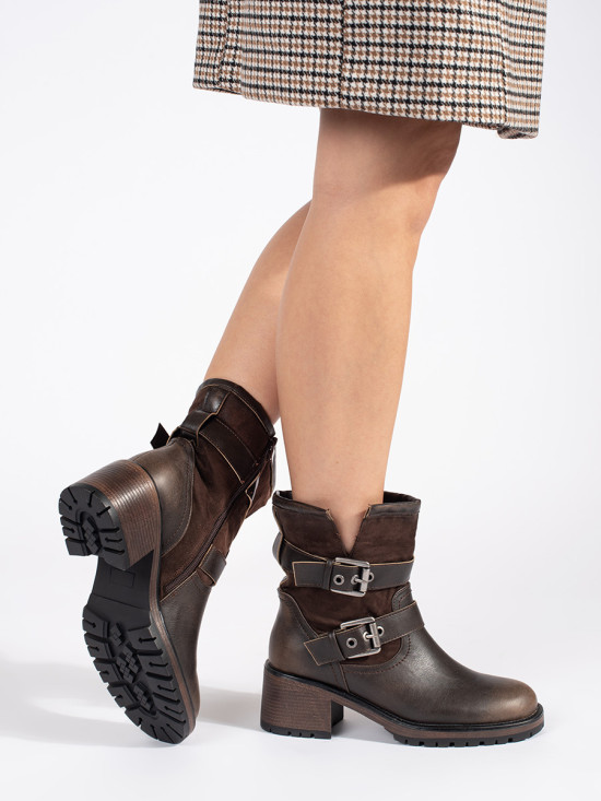 Brown Women's Ankle Boots with Heels and Buckles