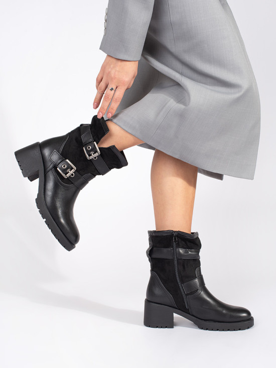 Black Women's Ankle Boots with Heels and Buckles