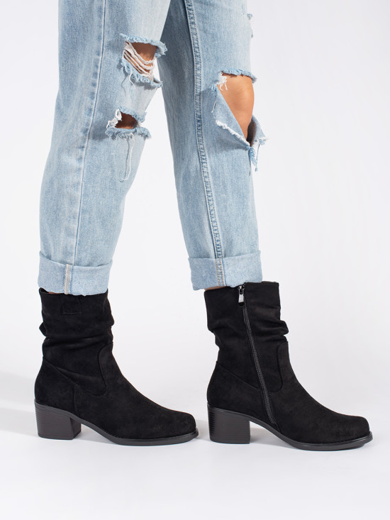 Black Women's Ankle Boots in Cowboy Style with Ruffled Shaft