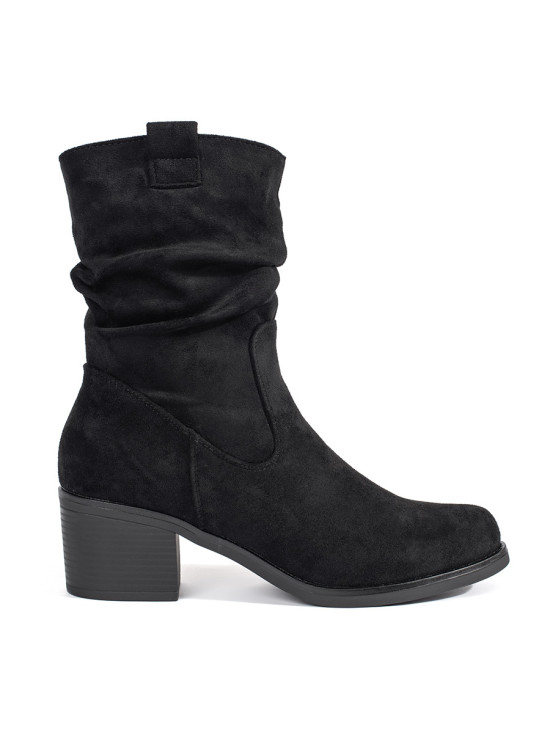 Black Women's Ankle Boots in Cowboy Style with Ruffled Shaft