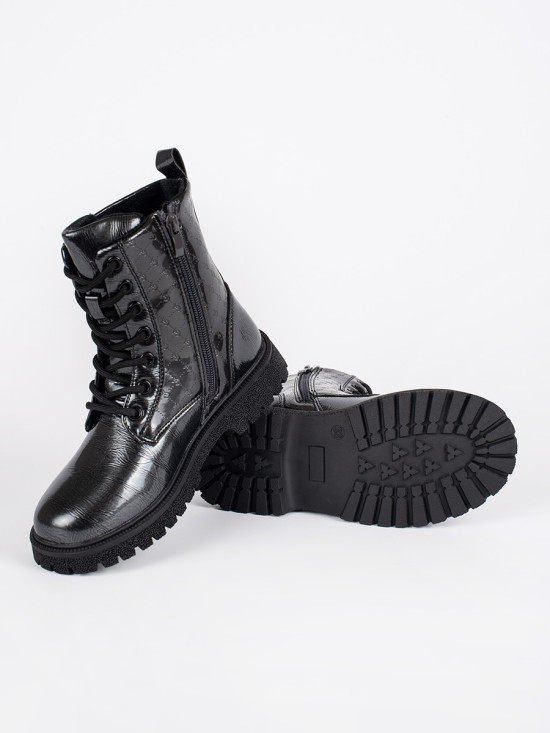 Black Patent Girls' Lace-Up Boots