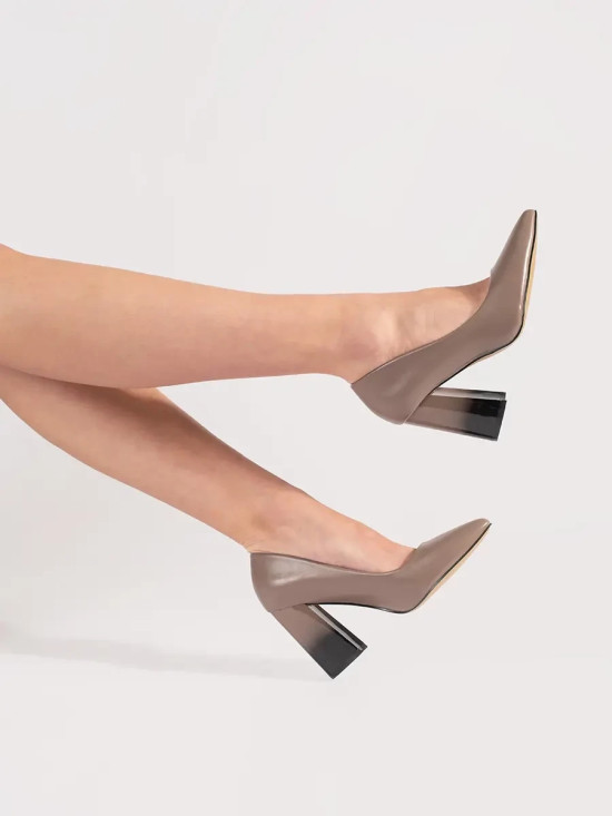 Beige high-heel pumps with block heel