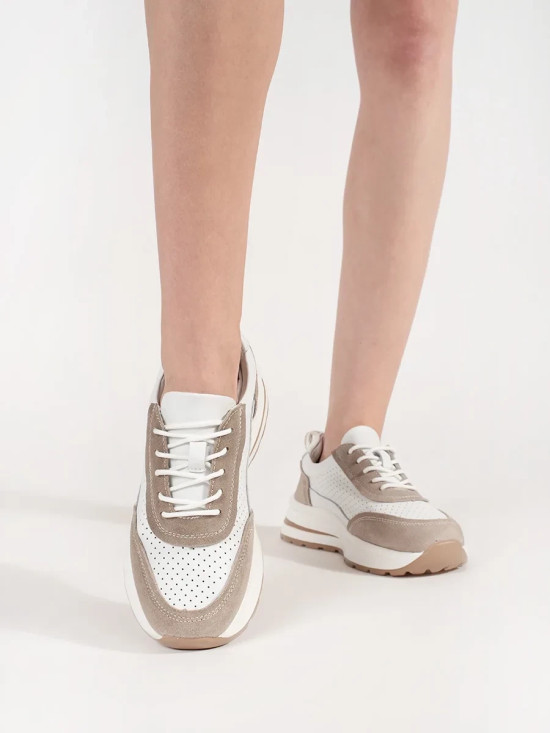 Leather Perforated Sports Shoes with Thick Sole in White-Beige