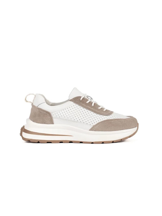 Leather Perforated Sports Shoes with Thick Sole in White-Beige