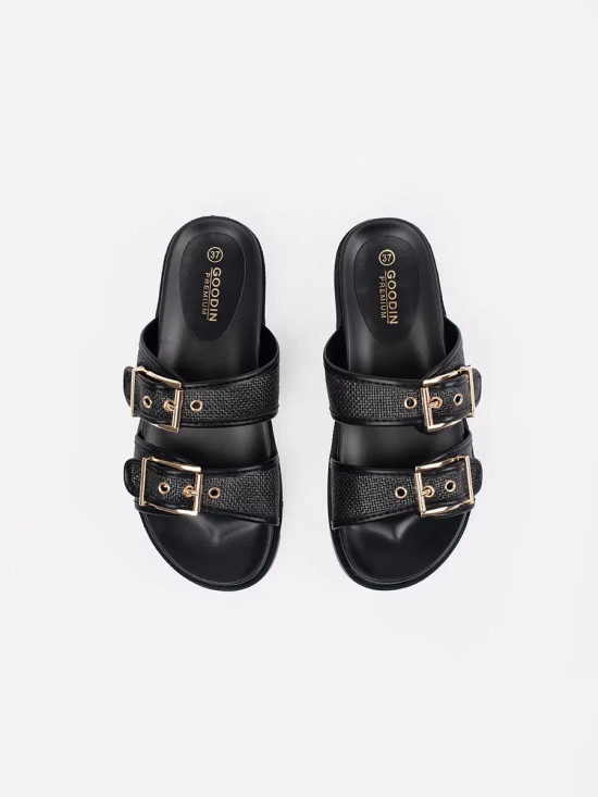 Black Flat Sandals with Buckles