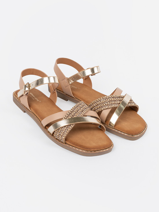 Gold Women's Sandals with Flat Sole