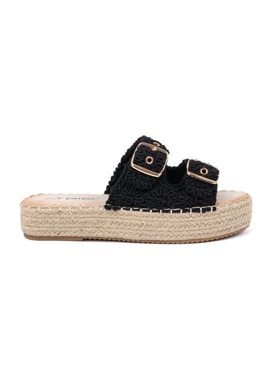 Black Woven Slide Sandals on Platform with Buckles