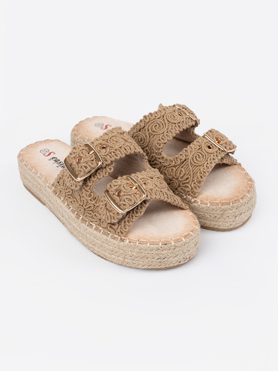 Beige Woven Slide Sandals on Platform with Buckles