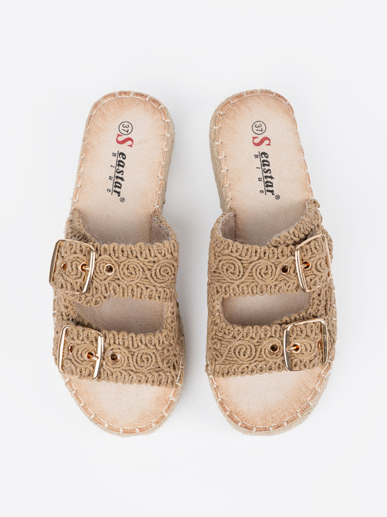 Beige Woven Slide Sandals on Platform with Buckles