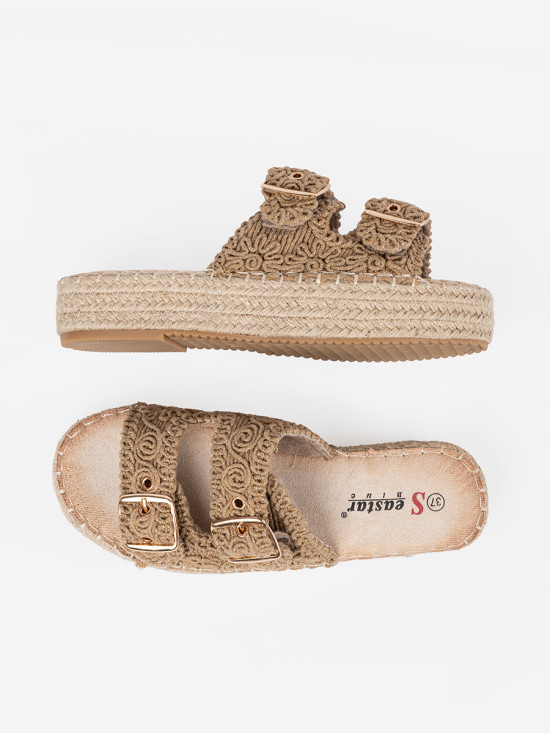 Beige Woven Slide Sandals on Platform with Buckles