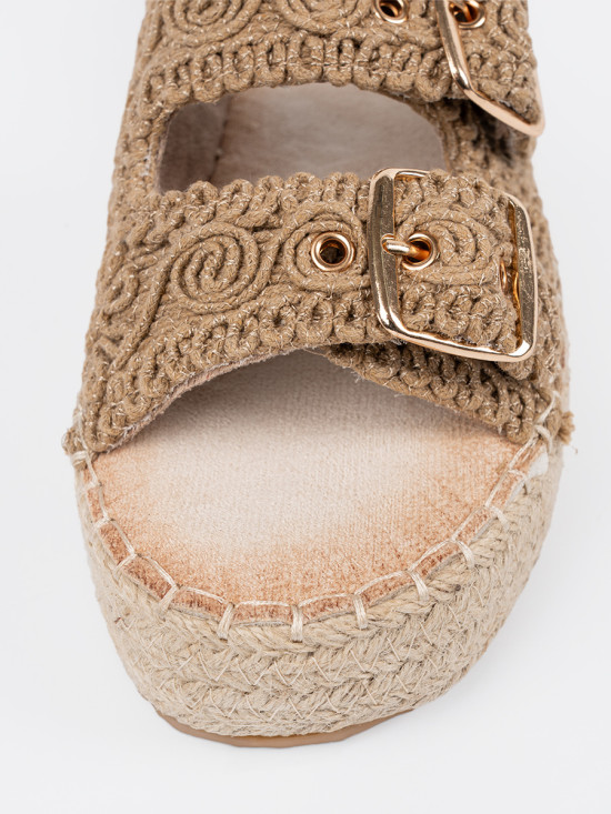 Beige Woven Slide Sandals on Platform with Buckles