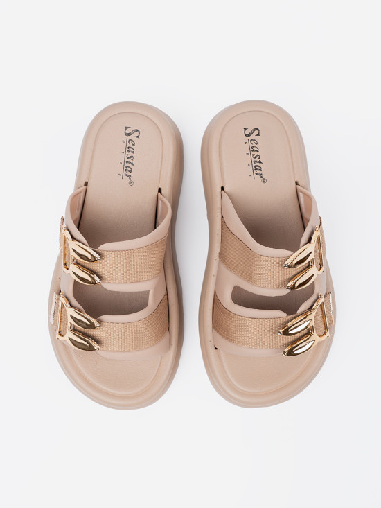 Beige Sandals with Golden Buckles on Platform