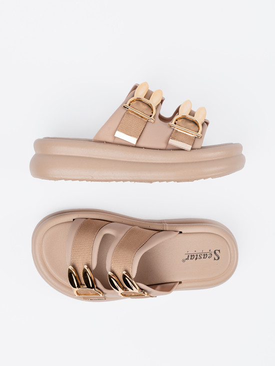 Beige Sandals with Golden Buckles on Platform