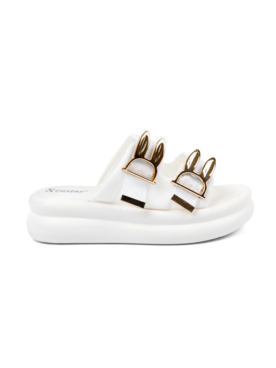 White Slide Sandals with Golden Buckles on Platform