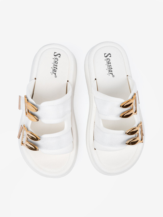 White Slide Sandals with Golden Buckles on Platform