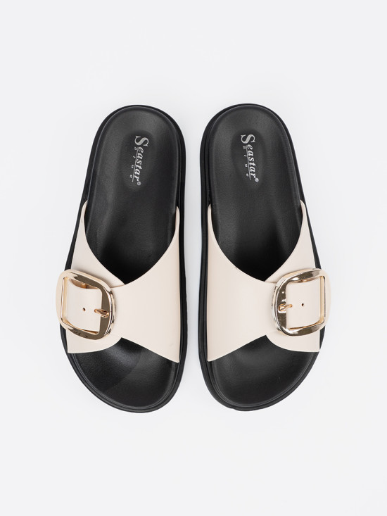 Light Beige Sandals with Golden Buckle
