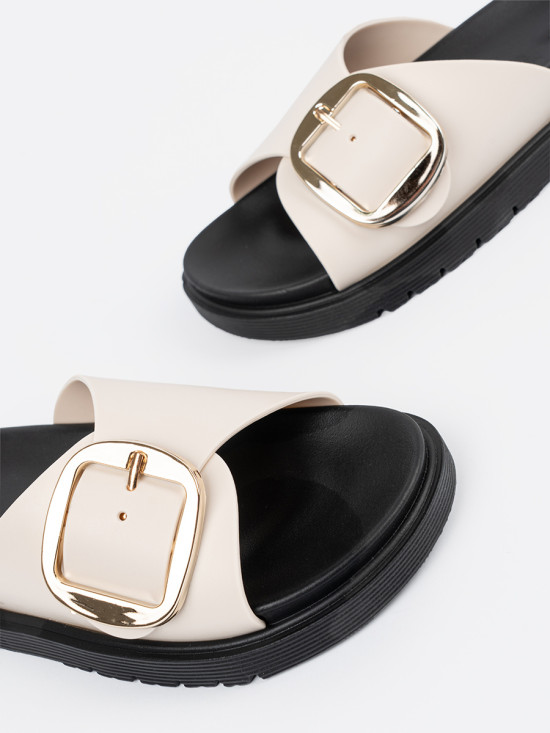Light Beige Sandals with Golden Buckle