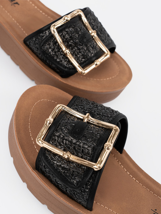 Black Slippers with Golden Buckle