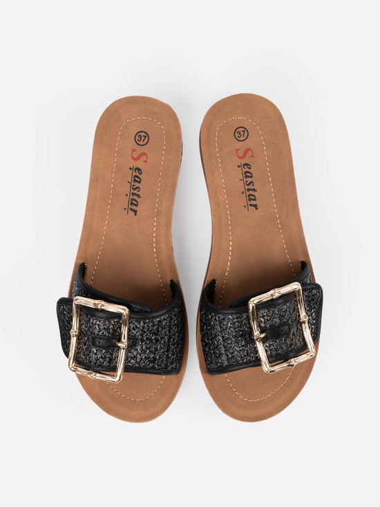 Black Slippers with Golden Buckle