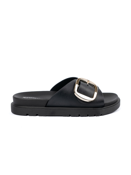 Black Women's Slides with Gold Buckle