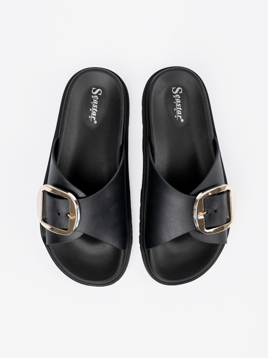 Black Women's Slides with Gold Buckle