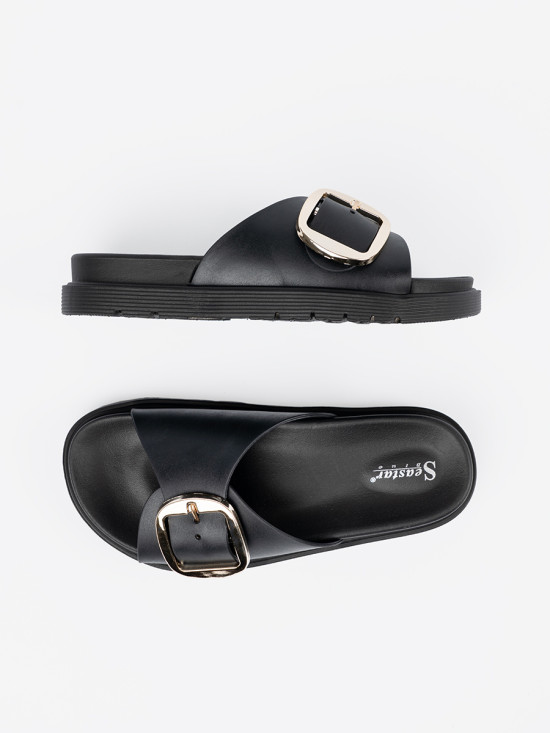 Black Women's Slides with Gold Buckle