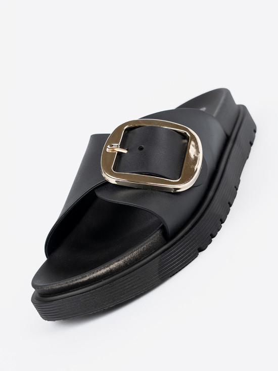 Black Women's Slides with Gold Buckle
