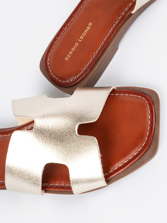 Shiny Gold Slide Sandals with Square Toe