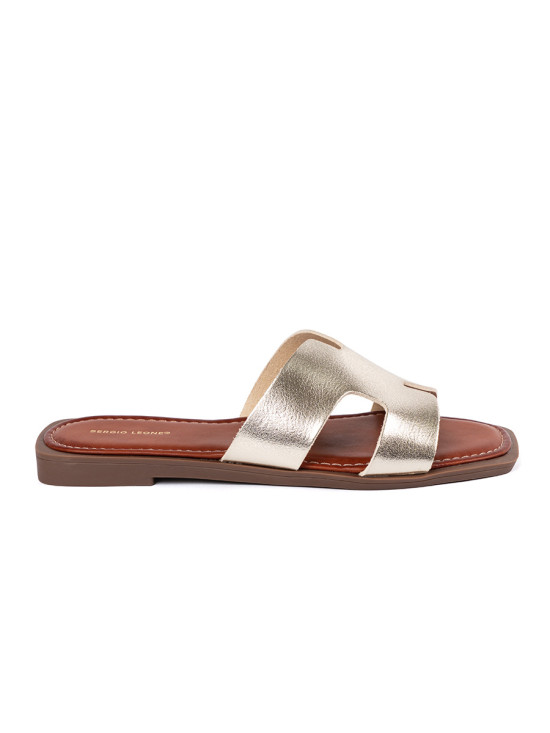 Shiny Gold Slide Sandals with Square Toe