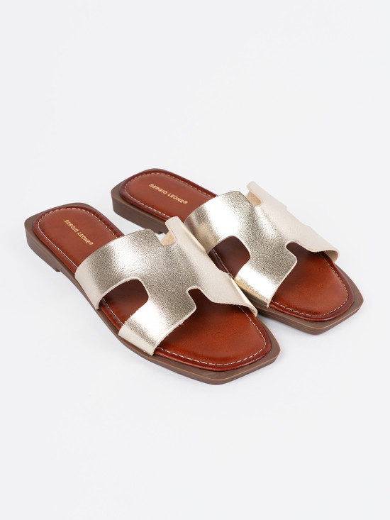 Shiny Gold Slide Sandals with Square Toe