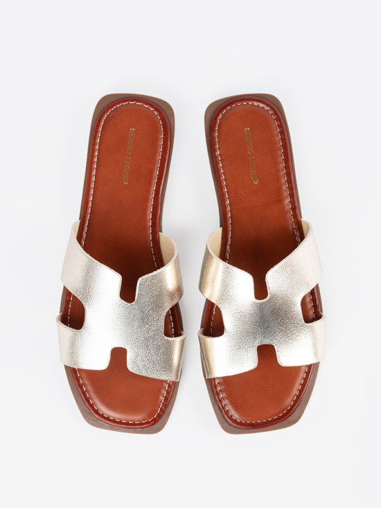 Shiny Gold Slide Sandals with Square Toe