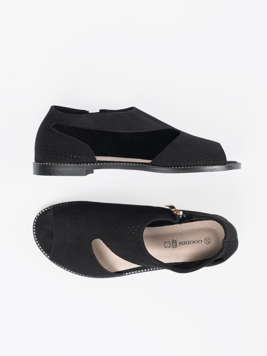 Black Perforated Flat Sandals