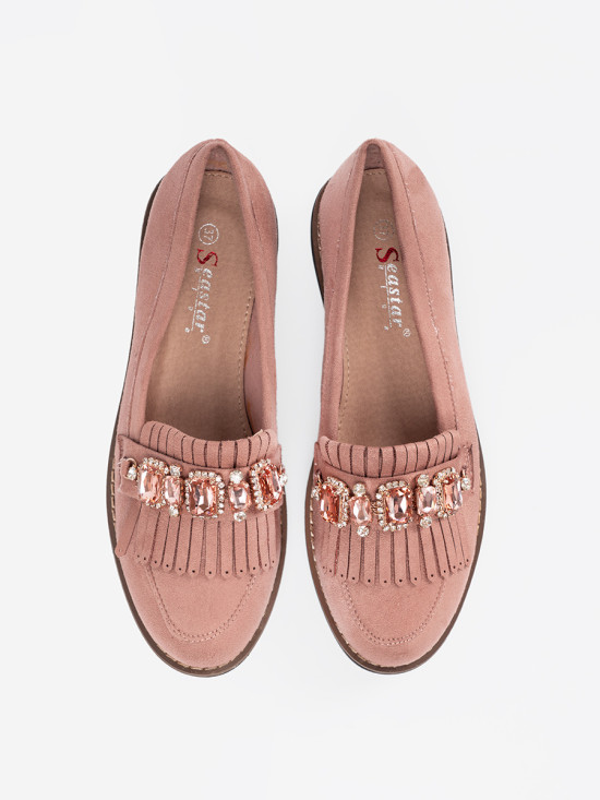 Pink Suede Moccasins with Decorative Crystals