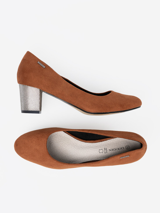Brown Pumps with Decorative Silver Heel