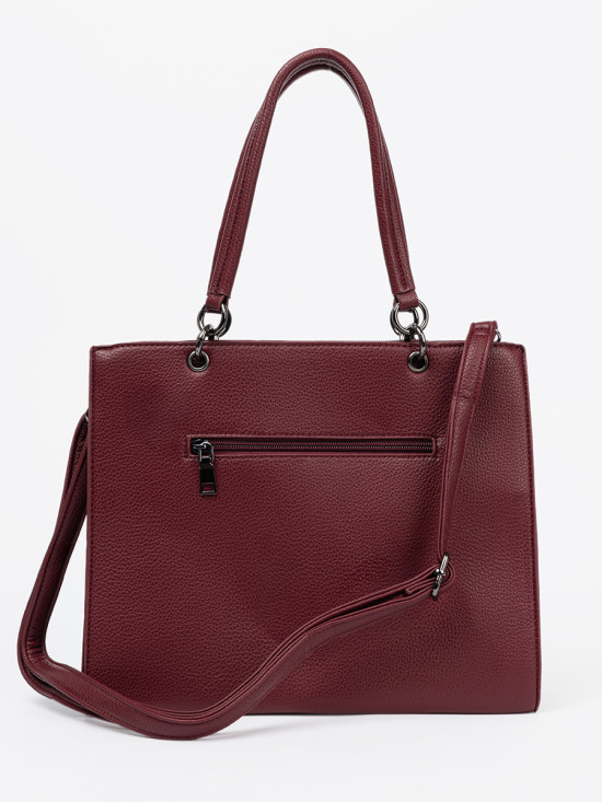 Burgundy tote bag with embossed lettering