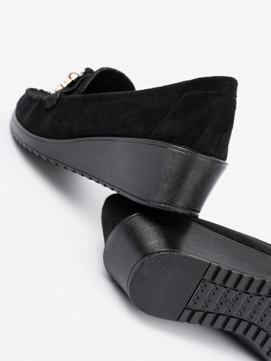 Black Suede Loafers with Decorative Bear