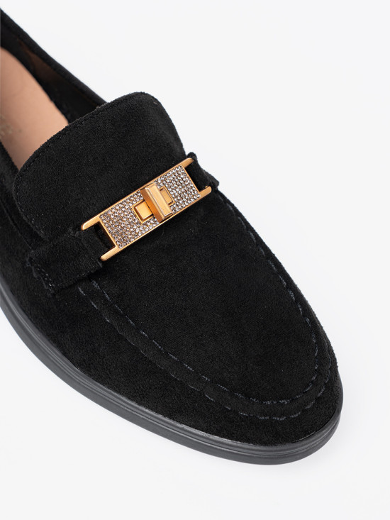 Black Suede Moccasins with Elegant Gold Decoration